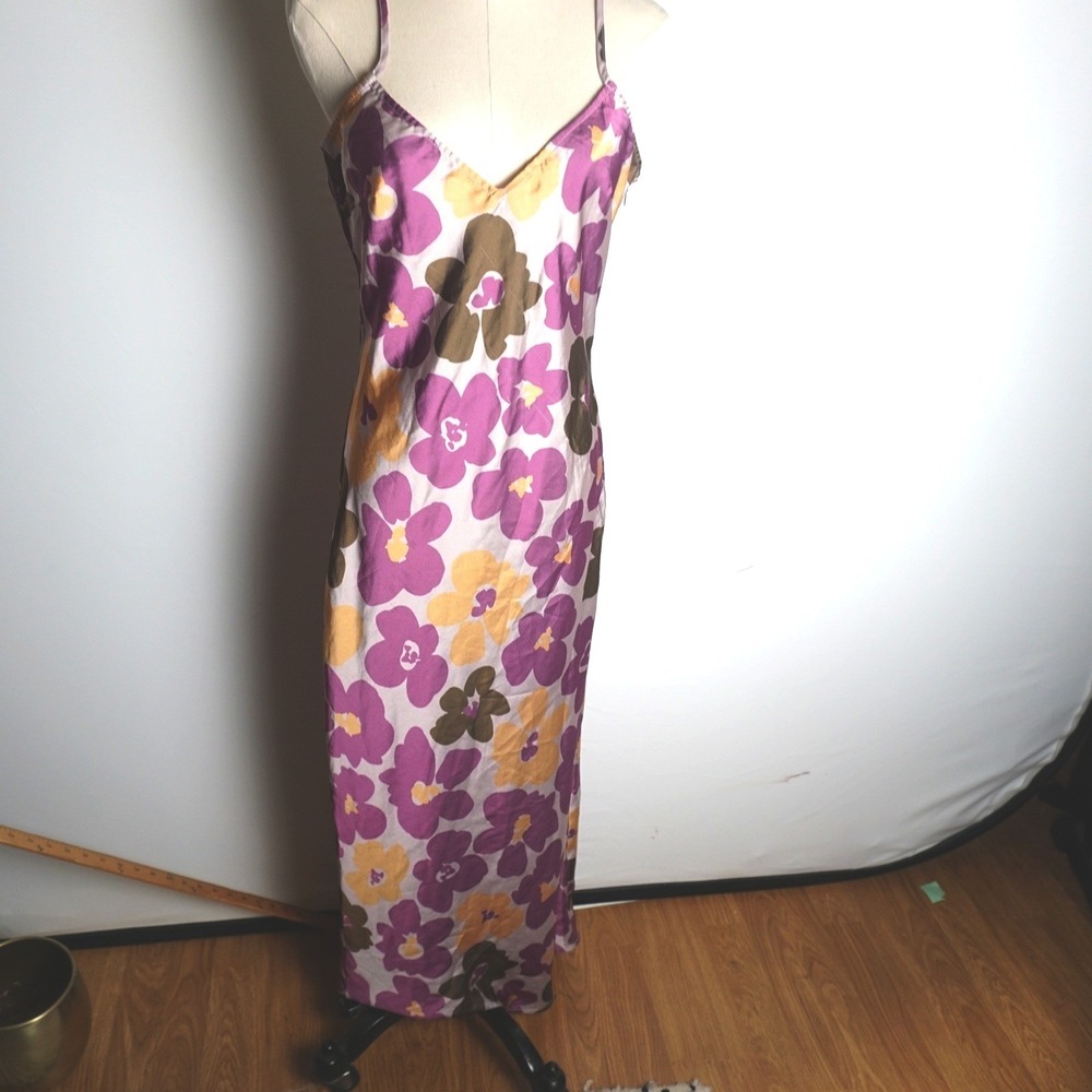 Blue Blush Purple Floral Satin Maxi Slip Dress Sleeveless V-Neck M 90's